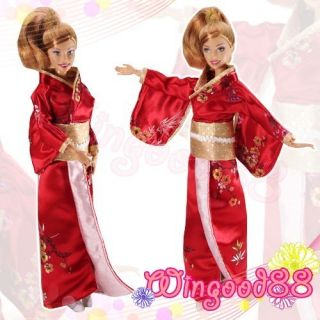 Handmade Red Japanese Traditional Kimono Party Dress Clothes For 