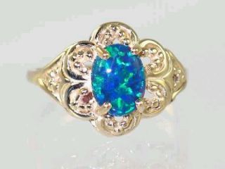 R125, Created Blue/Green Opal Filigree, Gold Ring
