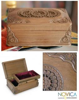 Floral Mandalas India Hand Carved Walnut Jewelry Box