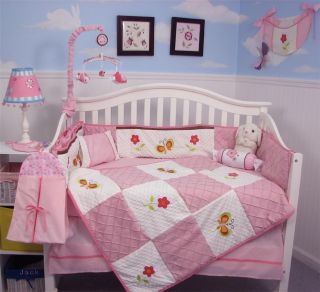Pink Suede Butterflies Garden Baby Crib Bedding 13 Pcs Set with Diaper 