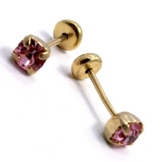 Gold 18K GF Earrings Baby Girl Pink Crystal Square 3mm Security Stud 