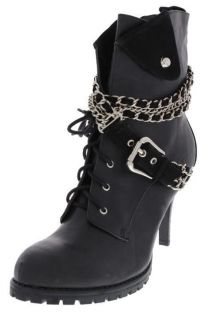 Baby Phat NEW Harmony Black Chain Embellished Combat Ankle Boots Heels 