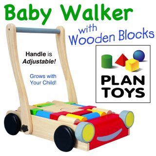 Plan Toys BABY WALKER Adjustable Handle Push Cart w/ Wooden Building 