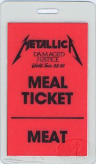 METALLICA 1988 89 TOUR LAMINATED BACKSTAGE PASS MEAL TICKET MEAT