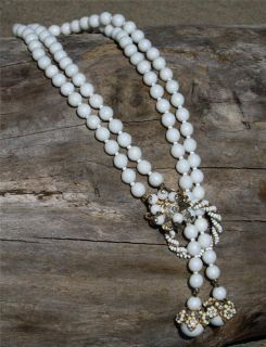 Vendome Rhinestone and White Glass Bead Lariat Necklace