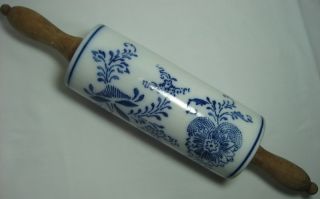Antique Flow Blue White Porcelain Blue Onion Rolling Pin Wood Handles 