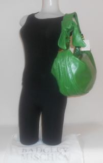 New Badgley Mischka Handbag Carina Kelley Green Glazed Leather Hobo 