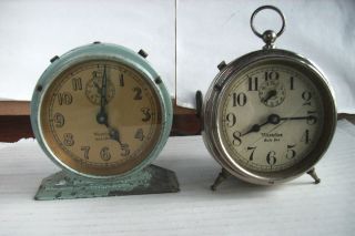   Pair 1920s Baby Ben Alarm Clocks Chrome Peg Leg Blue Western Clock Co