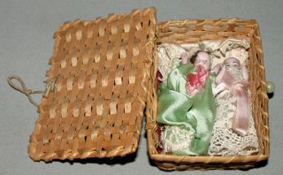   1930s Joined 2 Bisque Baby Dolls With Wicker Basket & Clothes