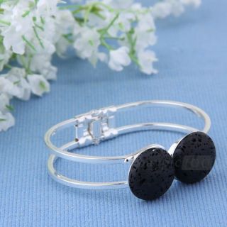 Black Round Lava Stone Bangle Cuff Bracelet Women Fashion