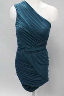 Bailey 44 Teal Blue Sleeveless One Shoulder Ruched Grecian Dress Sz s 