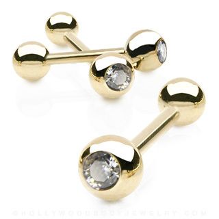 14k Solid Gold Clear Barbell Tongue Rings Body Jewelry