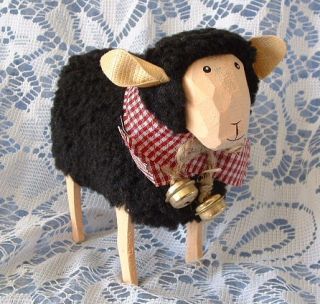   Primitive Folk Art Wooly Black Sheep w Homepsun Bow Bells