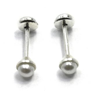 Sterling Silver 925 Baby Girl Infants Earrings White Pearl 3mm Bezel 