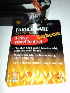 Farberware Barbecue Wood Tool Set Turner Tongs Fork New
