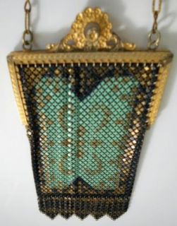   Mandalian enamel mesh flapper purse bag Art Deco gilt tourquoise black