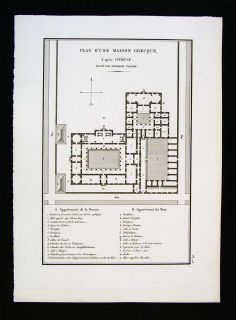 1822 Tardieu Print   Greek House Plan by Vitruvius   Greece 