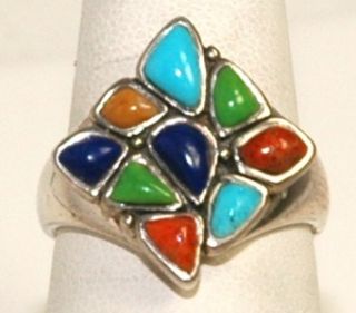 Vintage Barse .925 Sterling Silver Turquoise Lapis Jade Squared Ring 