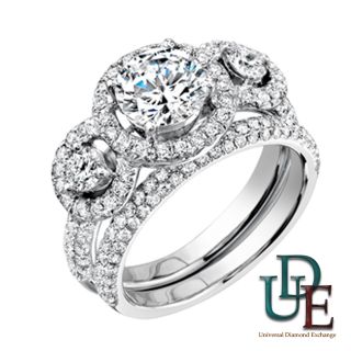 Diamond Halo Engagement Ring Wedding Band Set 3 Ct TW Round Platinum 