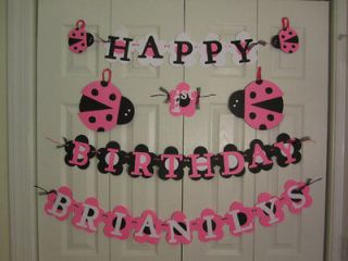 Lady Bug birthday banner pink and black personalized with name