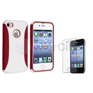 Red Rubber / White Plastic Hard Case Cover+Screen Shield For iPhone 4 