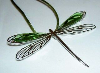 Authentic LALIQUE Sterling Silver DRAGONFLY Green Crystal Pendant 
