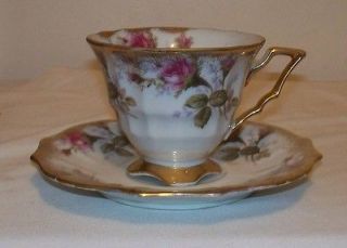 Gorgeous Vintage Royal Sealy China MOSS ROSE w/ Gold Trim Footed Cup 