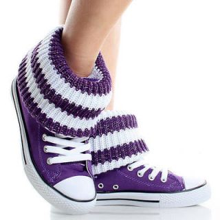 Purple Canvas Sock Roll Down Sneakers Womens Flat Knee High Boots Size 