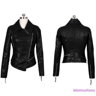 Black Cropped NEW Ladies Blazer Winter Biker Faux Leather Jacket Top 