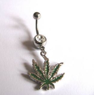 pot leaf canabis dangly belly bar surgical steel from united