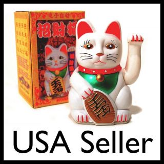 LUCKY BECKONING CAT 5 White Wealth Waving Kitty Maneki Neko Feng Shui 