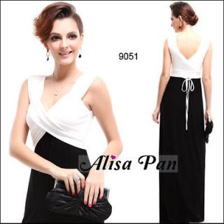 Gorgeous Black White V neck Stretchy Long Formal Evening Gown 09051 US 