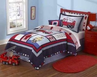 Fireman Fire Truck Red & Blue Full Queen Boys Bedding Set Quilt & 2 