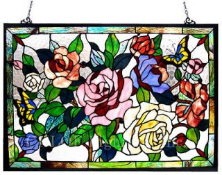 Handcrafted 27 X 19 Stained Glass Butterfly & Roses Decorative 