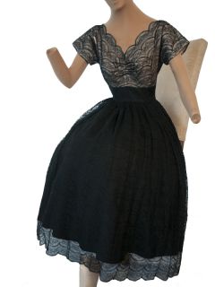 Breathtaking VTG 50s Illusion Black Lace Talon Party Dress S MINT