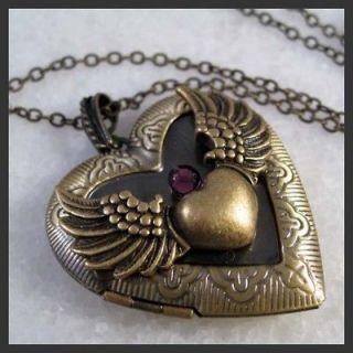 angel wing heart amethyst brass locket pendant necklace from china