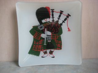 Unique Reverse Painted Glass Trinket Dish with Bagpiper Red & Green 