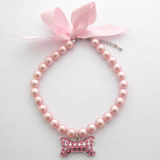 Dog pearls necklace,pet collar with pink bone pendant,with ribbon