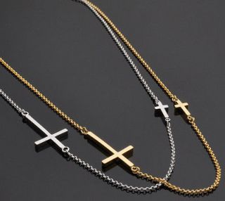 New Gold Silver Horizontal Sideways Double Two Cross Chain Necklace 