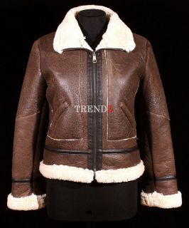 Ladies Aviator Vintage Brown Womens Real Shearling Sheepskin Leather 