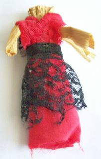 Vintage Primitive CORN HUSK DOLL Red & Black Lace Mexican style Dress