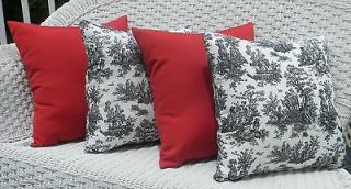 SET OF 4  BLACK & WHITE JAMESTOWN TOILE & SOLID RED DECORATIVE THROW 