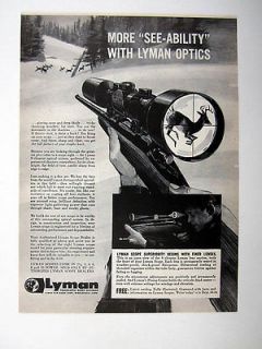 Lyman Gun Rifle Scope deer in crosshairs hunting scene 1962 Ad 