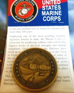 USMC Sniper Brass Antique Enameled 39mm Challenger Coin Round W/Card 