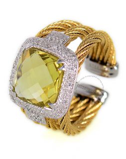 Charriol Yellow PVD Ring with Square Lemon Citrine Stone, 18K White 