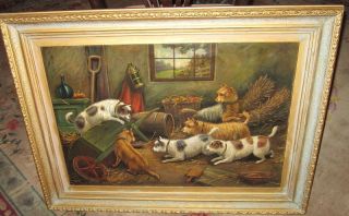 Antique Oil Painting Dogs Ratting Signed G A George Armfield