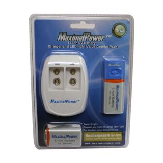 Maximal Power Li Ion 9V Battery and Charger LED Light Combo New