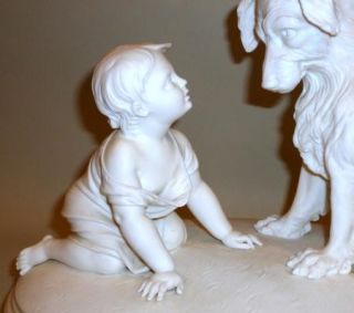 Exquisite 1890 Parian Ware Child + Dog Sculpture Cant You Talk? by R 