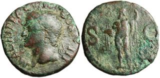 Agrippa AE as Neptune Holding Dolphin Trident Authentic Roman Coin 