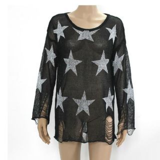 Oversized Gothic Cross Floral Distressed Frayed Jumper Hole Knitwear 